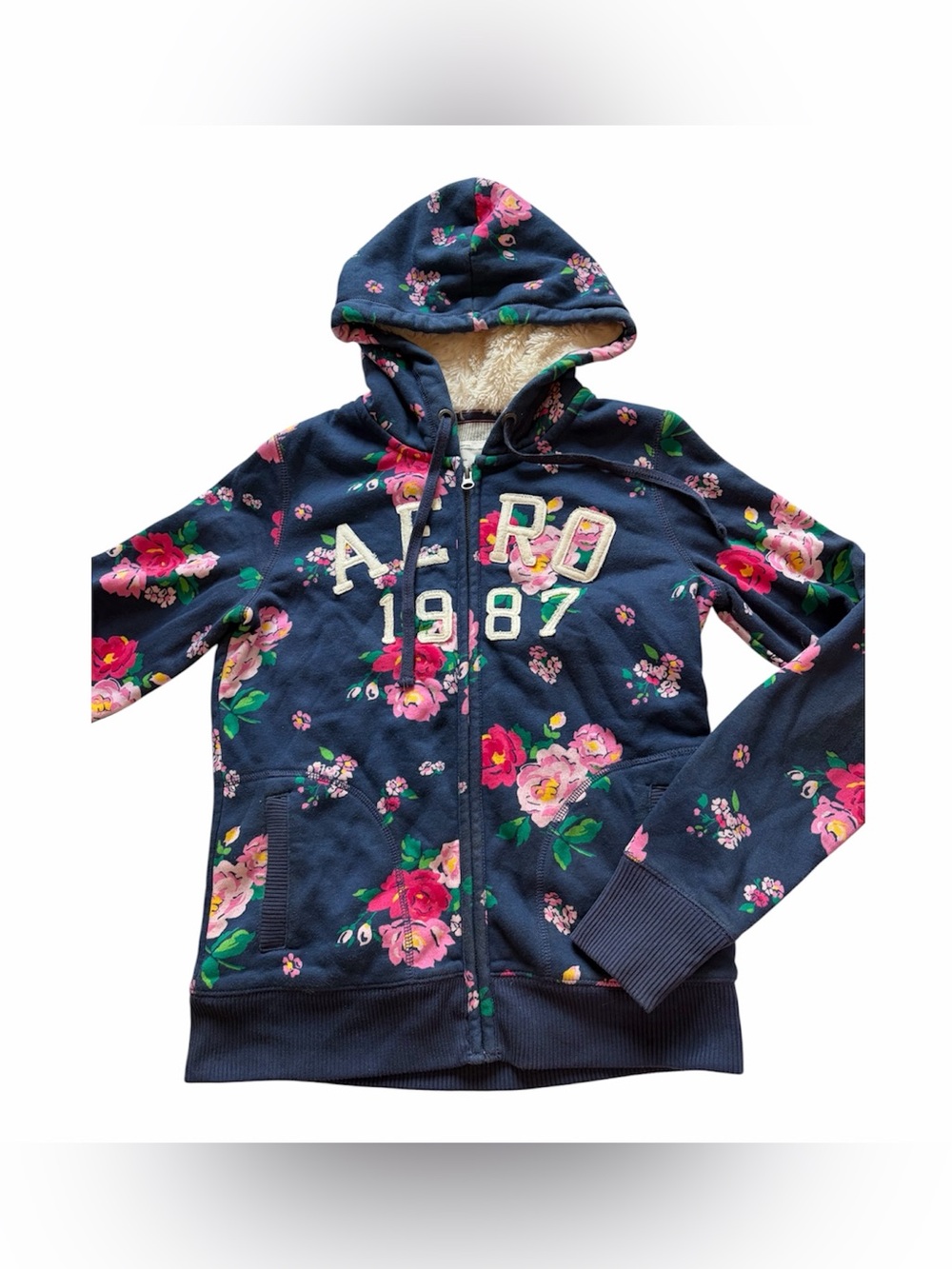 Y2K Aeropostale Large Hoodie Floral Faux Fur Zip Up Sweatshirt Hooded AERO 1987